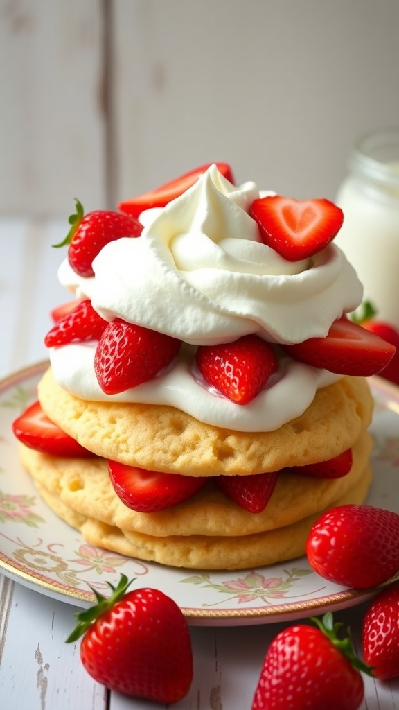 Butter cookie strawberry shortcake with layers of cookies, strawberries, and whipped cream on a rustic plate.